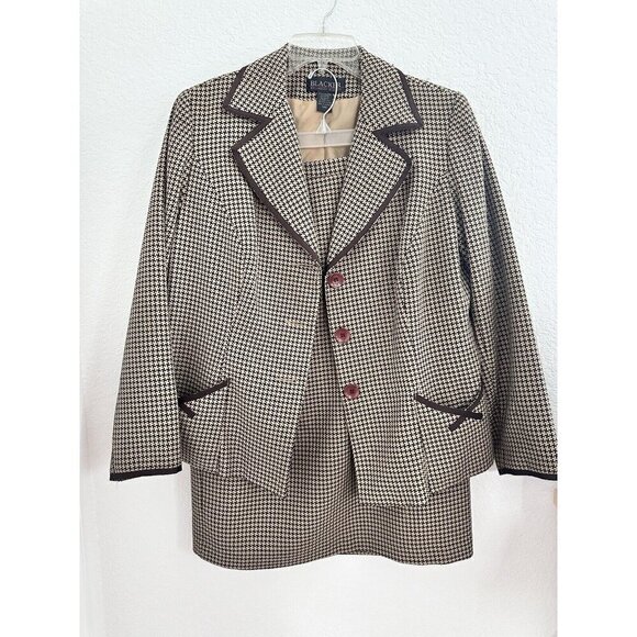 Blacker Brown Beige Houndstooth Tweed Pocket Jacket & Skirt Suit Set Sz 14W - Picture 1 of 12